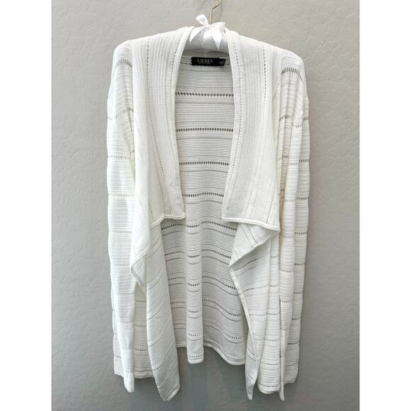 Lauren by Ralph Lauren Sweaters - RALPH LAUREN Pointelle Knit Cardigan Sweater White Open Front Waterfall | XL